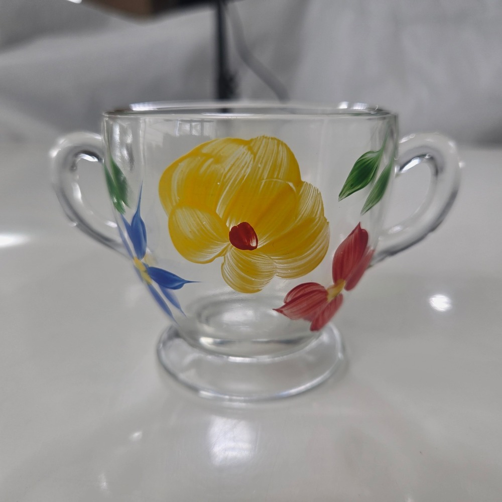 Vintage 1950s Bartlett Collins Hand Painted Floral Clear Glass Open Sugar Bowl